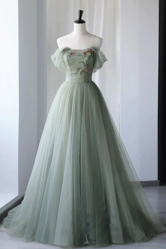 Princess A Line Off the Shoulder Embroidering Tulle Sage Ball Gown Prom