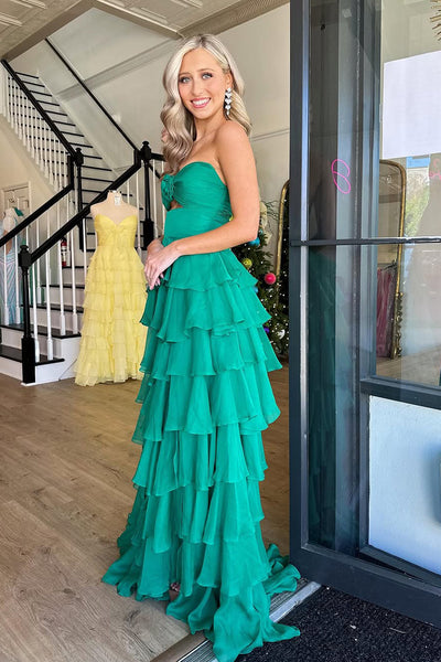 Cute A Line Sweetheart Green Chiffon Tiered Long Prom Dress AB25012501