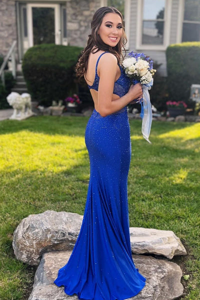 Charming Mermaid V Neck Royal Blue Satin Long Prom Dresses with Beading