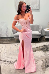 Charming Mermaid Off the Shoulder Pink Satin Prom Dress with Slit AB25012304