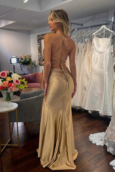 Charming Mermaid V Neck Gold Satin Prom Dress with Hot Stone AB24121409