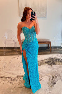 Charming Mermaid Sweetheart Blue Sequins Long Prom Dress with Beading AB24111510