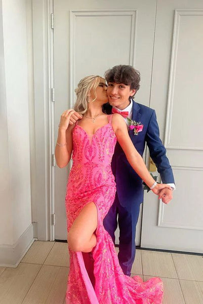 Elegant Mermaid V Neck Pink Sequins Long Prom Dress with Slit AB25010308