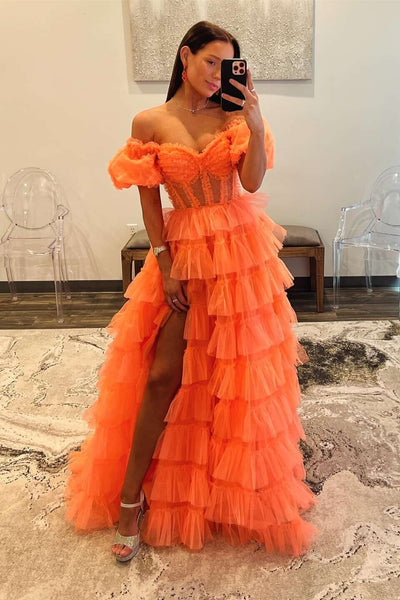 Ball Gown Strapless Orange Tulle Tiered Prom Dresses with Slit AB24122621