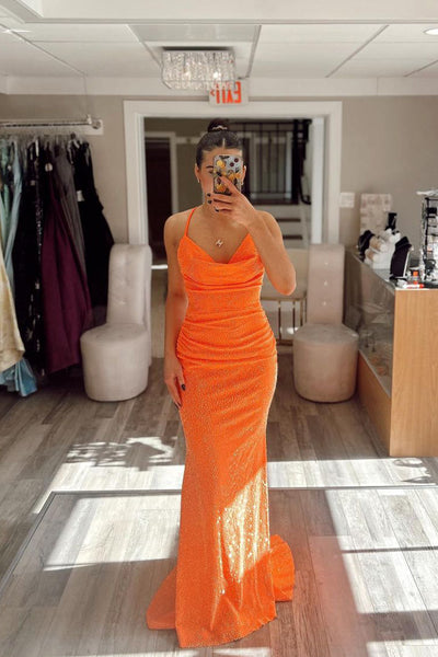 Orange Coel Neck Sequin Mermaid  Long Prom Dress AB4030103