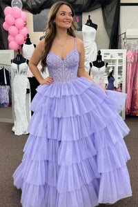 Cute A Line V Neck Lavender Tulle Long Prom Dresses with Appliques AB24101910