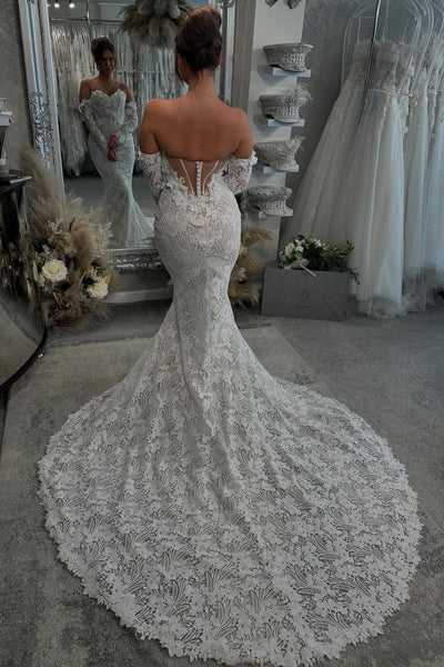 Elegant Mermaid Sweetheart Lace Long Bridal Dresses with Long Sleeves AB24110814