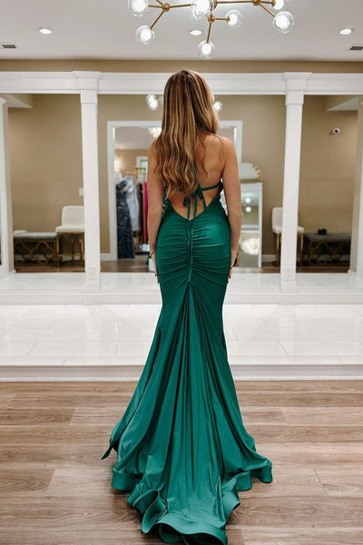 Charming Mermaid V Neck Sage Green Elastic Satin Long Prom Dresses AB24101009