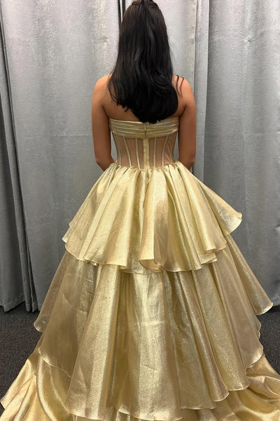 Cute Ball Gown Strapless Gold Organza Tiered Prom Dresses with Bow AB24120908