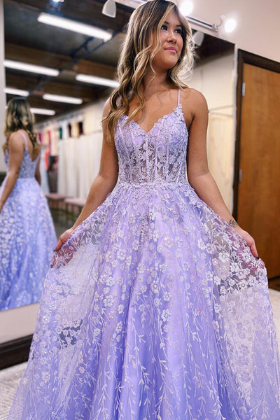 Fairy A Line Sweetheart Lavender Lace Prom Dresses