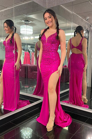 Mermaid V Neck Fuchsia Beaded Long Prom Dress with Slit AB4050902