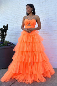 Cute Ball Gown Sweetheart Orange Tulle Tiered Long Prom Dress AB4020105