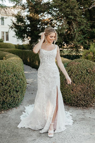 Charming Mermaid Scoop Neck Lace Wedding Dresses with Slit AB070305