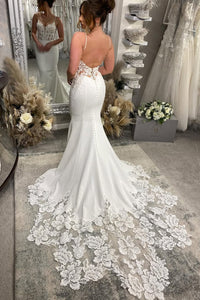 Elegant Mermaid V Neck Satin Wedding dress with Appliques Flower lace AB25021205