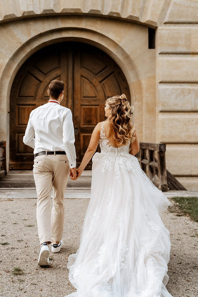 Fairy A Line V Neck White Tulle Long Wedding Dress with Appliques AB24121810