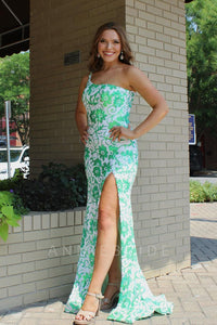 Cute Mermaid One Shoulder Green White Sequins Slit Prom Dresses AB24091306