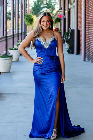 Cute Mermaid V Neck Royal Blue Satin Long Prom Dresses with Beading