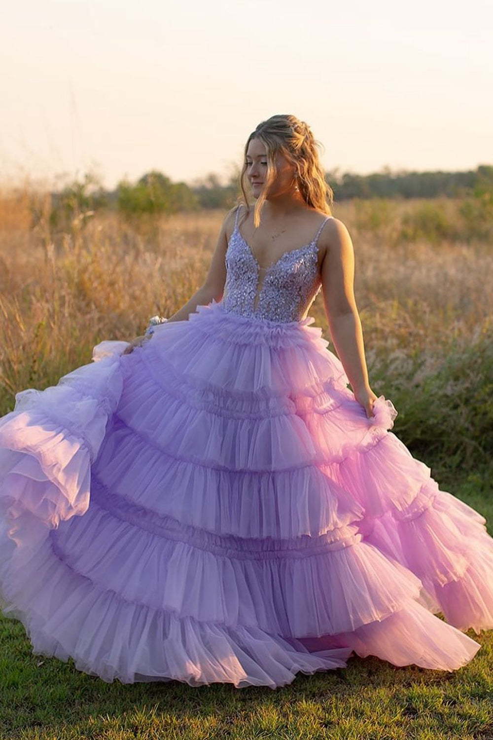 Cute A Line V Neck Light Purple Tiered Tulle Long Prom Dresses AB24102606