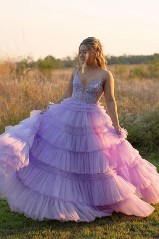 Cute A Line V Neck Light Purple Tiered Tulle Long Prom Dresses AB24102606