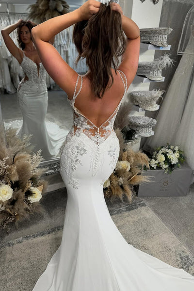 Elegant Mermaid V Neck Stretch Satin Wedding dress with Appliques AB25022307