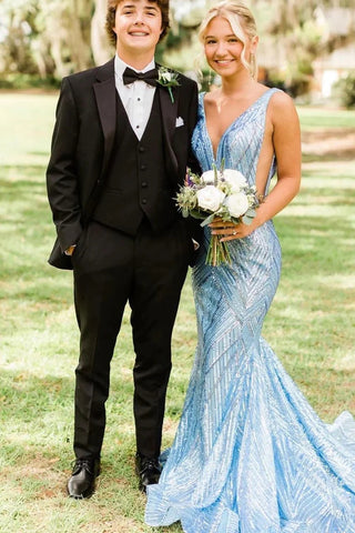 Charming Mermaid V Neck Blue Sequins Long Prom Dress AB4011001