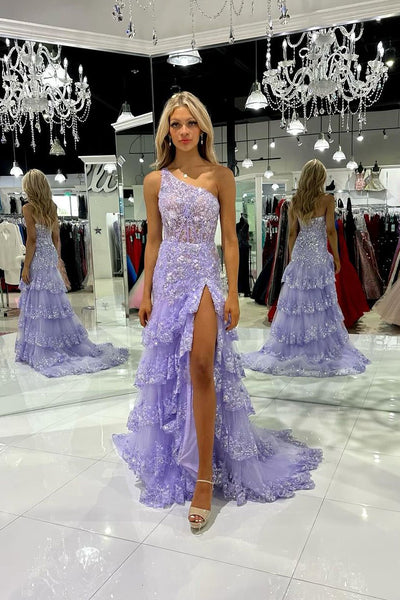 Cute A Line One Shoulder Lilac Ruffle Long Prom Dress with Appliques AB4031701