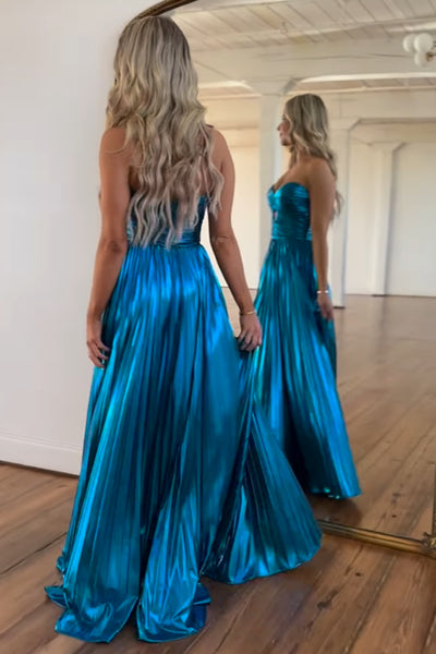 Sparkly A Line Sweetheart Blue Pleat Satin Long Prom Dresses with Slit AB24102415