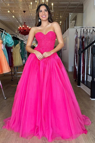 Cute Ball Gown Sweetheart Pink Tulle Long Prom Dresses with Appliques AB24102514