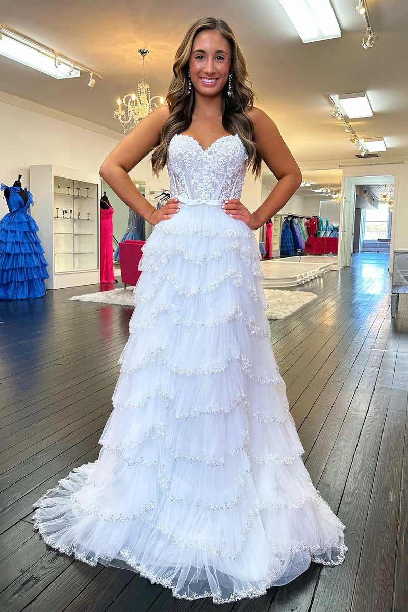 Charming A Line Sweetheart White Tulle Long Prom Dresses with Beading AB110701