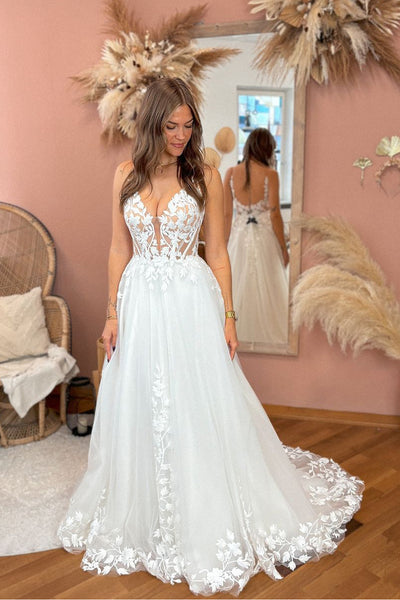 Fairy A Line V Neck Tulle Lace Wedding Dresses AB24102317