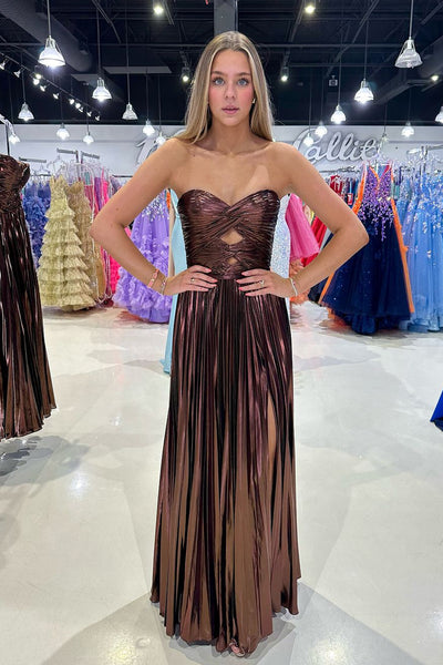 Charming A Line Sweetheart Brown Sparkly Satin Long Prom Dresses with Slit AB24101703