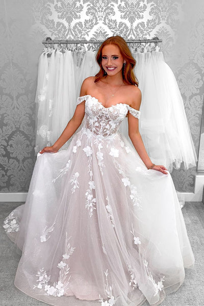 Fairy A Line Off the Shoulder Lace Tulle Bridal Dresses with Appliques