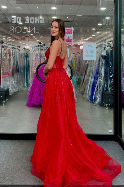 Sparkly Mermaid Sweetheart Neck Red Tulle Glitter Prom Dress AB24111508