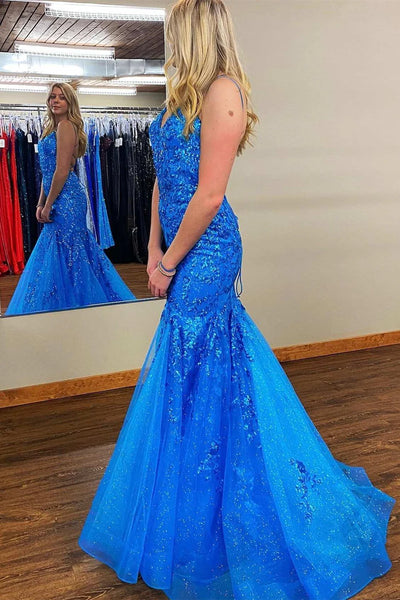 Charming Mermaid V Neck Royal Blue Sequins Long Prom Dresses AB24101701