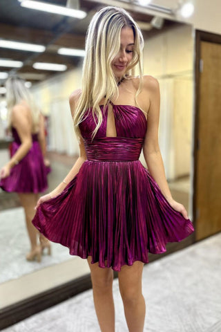 Cute A-Line Straps Fuchsia Pleated Satin Short Homecoming Dresses AB24082803