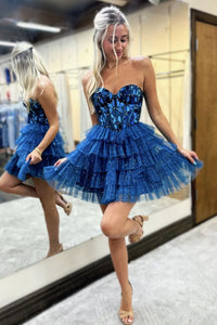 Cute A-Line Sweetheart Blue Mirror-Cuts Glitter Tulle Homecoming Dresses AB24082802