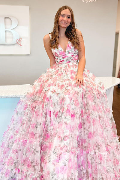 Two Piece V Neck Floral Printed Long Prom Dress with Bow AB4032902