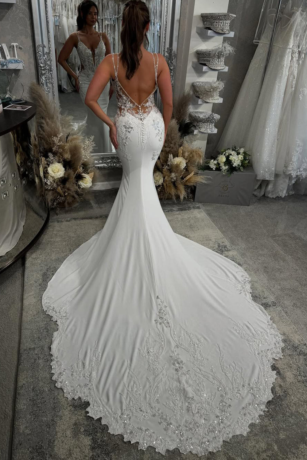 Elegant Mermaid V Neck Stretch Satin Wedding dress with Appliques AB25022307