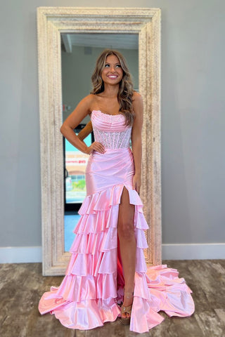 Charming Mermaid Strapless Pink Satin Long Prom Dresses with Appliques