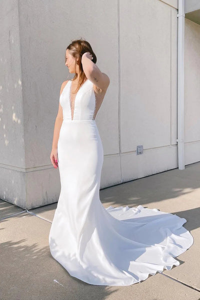 Elegant Mermaid Deep V Neck White Satin Bridal Dresses with Beading AB24112117