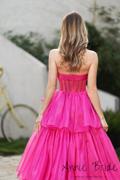 Gorgeous Ball Gown Strapless Fuchsia Organza Tiered Prom Dress with Bow AB24121208