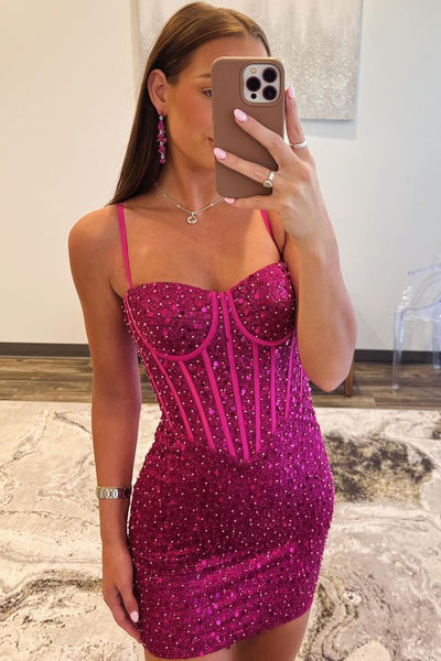 Cute Bodycon Sweetheart Fuchsia Sequins Homecoming Dresses AB2407111