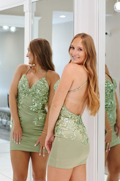 Cute V Neck Sage Green Satin Tight Homecoming Dresses with Appliques VK24082902