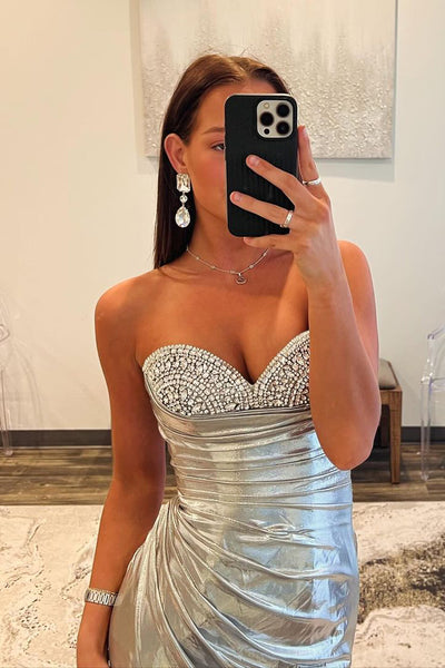 Simple Mermaid Strapless Silver Satin Long Prom Dress with Slit AB4032401