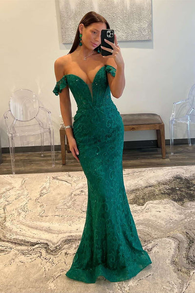 Elegant Mermaid Off the Shoulder Dark Green Lace Long Prom Dress