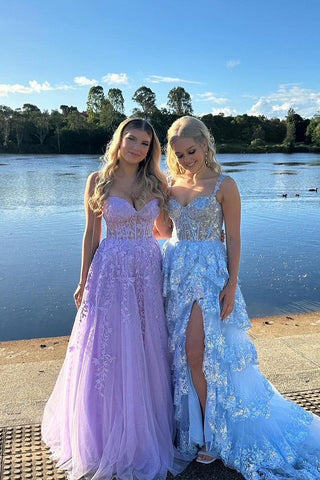 Gorgeous A Line Off the Shoulder Light Blue Tiered Tulle Prom Dresses AB24102608