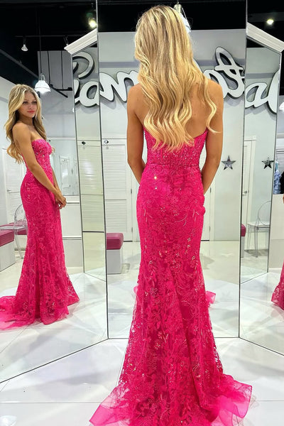 Charming Mermaid Sweetheart Keyhole Fuchsia Lace Prom Dress with Appliques AB25012303