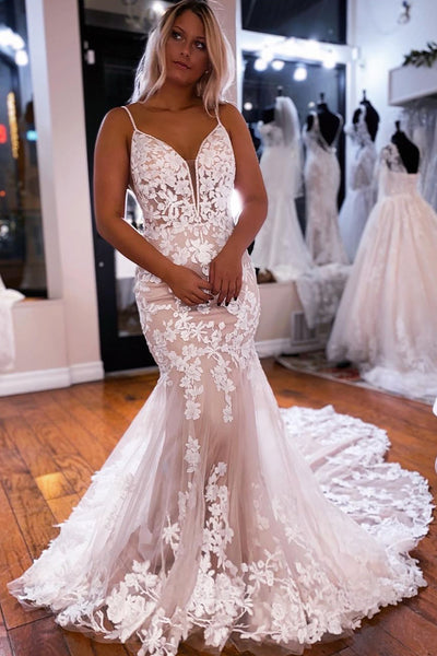 Charming Mermaid V Neck Lace Wedding Dresses with Appliques AB24102502