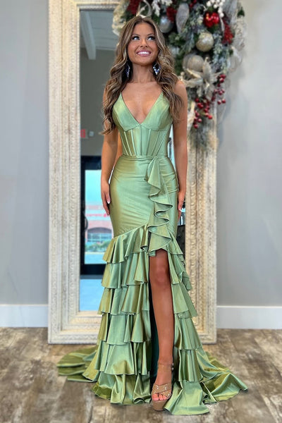 Cute Mermaid V Neck Sage Green Satin Long Prom Dress with Slit AB24122403