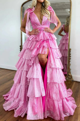 Cute Ball Gown V Neck Pink Organza Prom Dress with Bow AB4020107